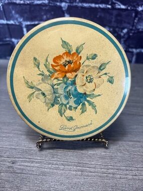 Vintage Pierrot Gourmand Floral Round Tin - Cream, Teal & Orange